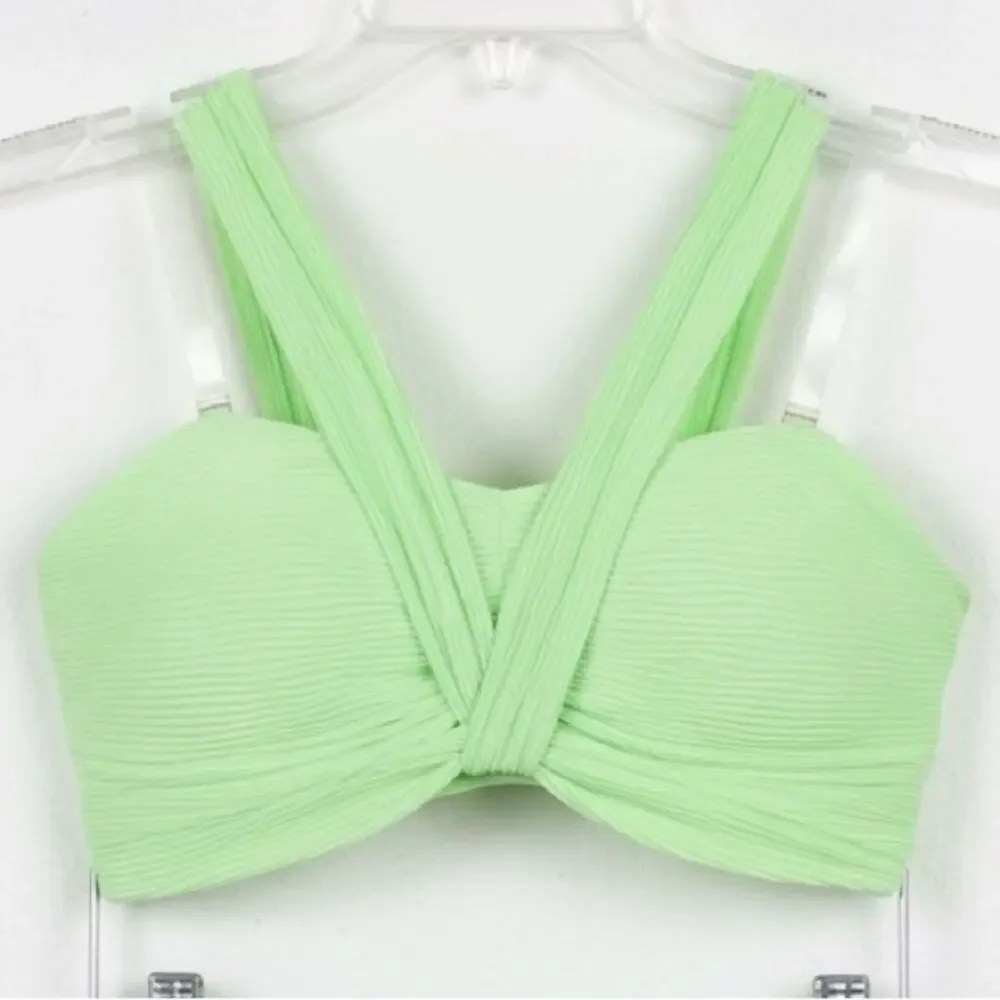 Double Platinum SET Lime Green Ribbed Knot Halter Dance top and Skirted brief AM